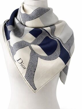 Christian Dior Silk Navy and Cream Graphic Scarf 90